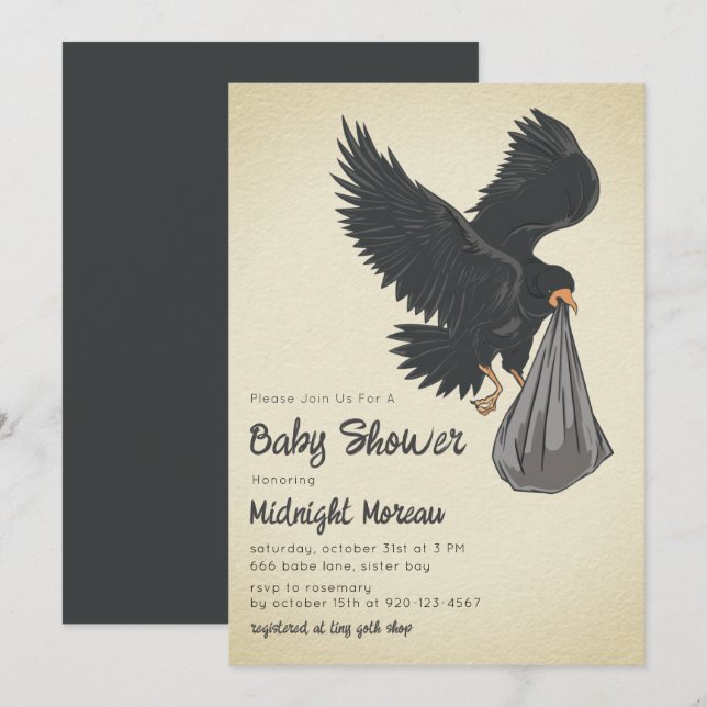 Invitation au Baby shower gothique du Corbeau (Devant / Derrière)