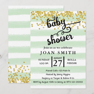 Invitation au Baby shower Green Watercolor Stripes