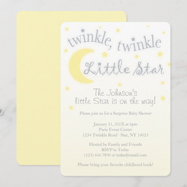 Invitation au baby shower jaune étoile Twinkle (Devant / Derrière)