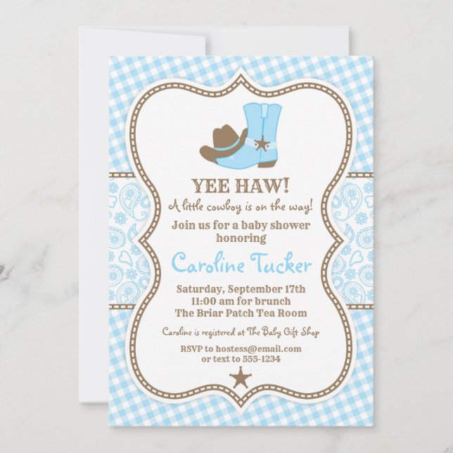 Invitation au Baby shower Little Cowboy bleu et ma (Devant)