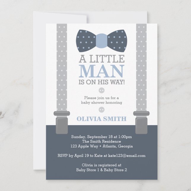 Invitation au Baby shower Little Man, bleu marine, (Devant)