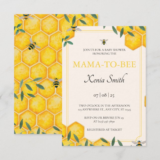 Invitation au baby shower Mama-to-bee (Devant / Derrière)