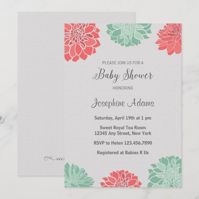 Invitation au Baby shower Mint et Coral Dahlia (Devant / Derrière)