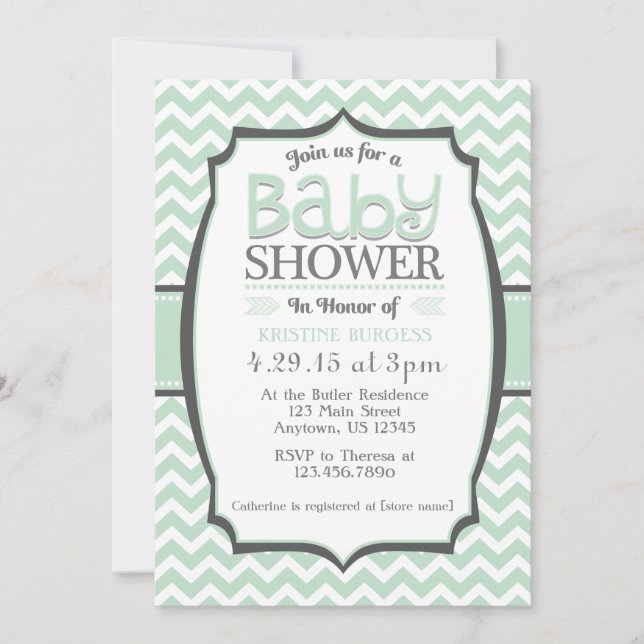 Invitation au Baby shower Mint Green Gray Chevron (Devant)