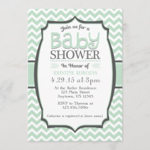 Invitation au Baby shower Mint Green Gray Chevron
