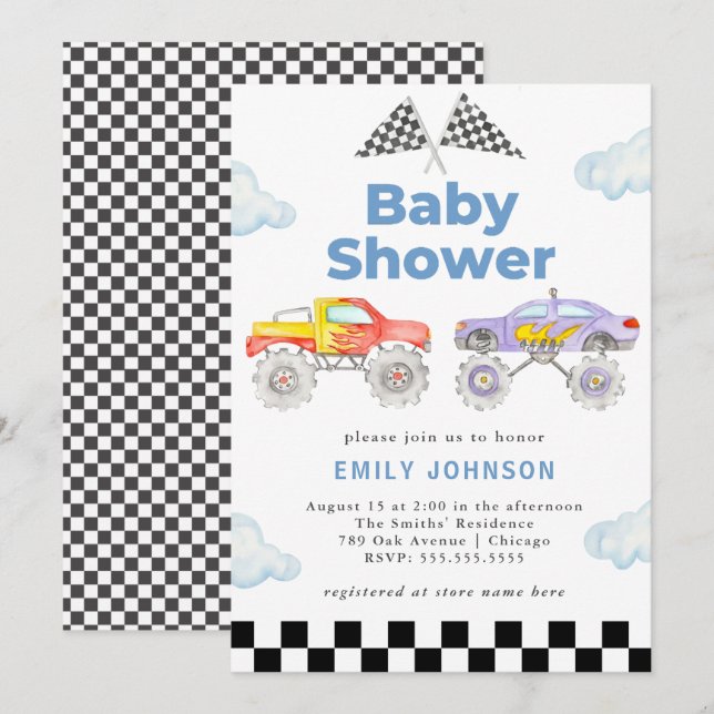 Invitation au Baby shower Monster Truck Boy (Devant / Derrière)