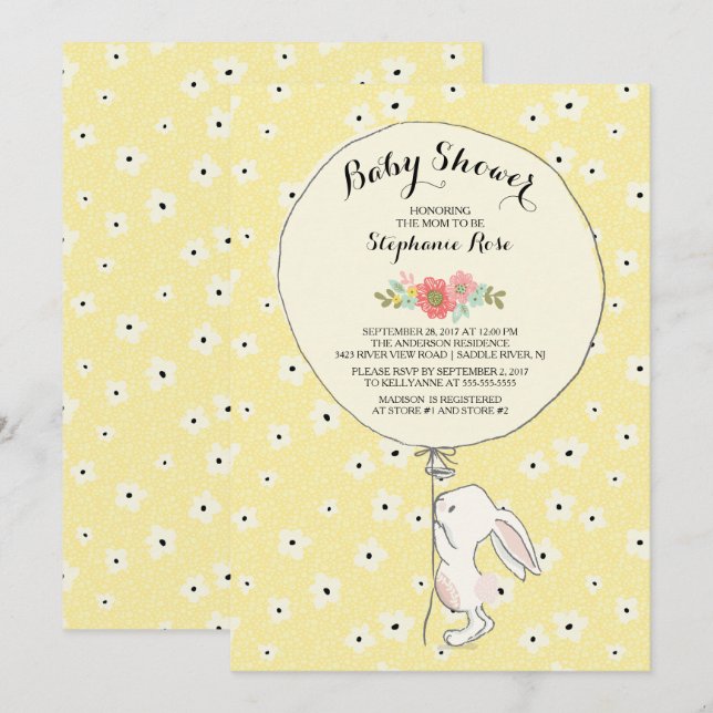 Invitation au Baby shower neutre de lapin précieux (Devant / Derrière)