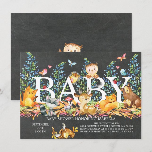 Invitation au Baby shower neutre en bois de Chalkb (Devant / Derrière)