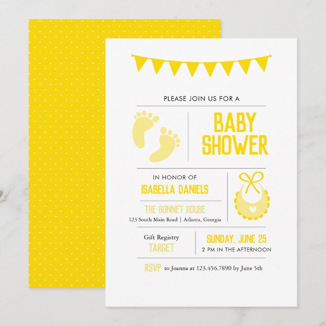 Invitation au Baby shower neutre jaune (Devant / Derrière)