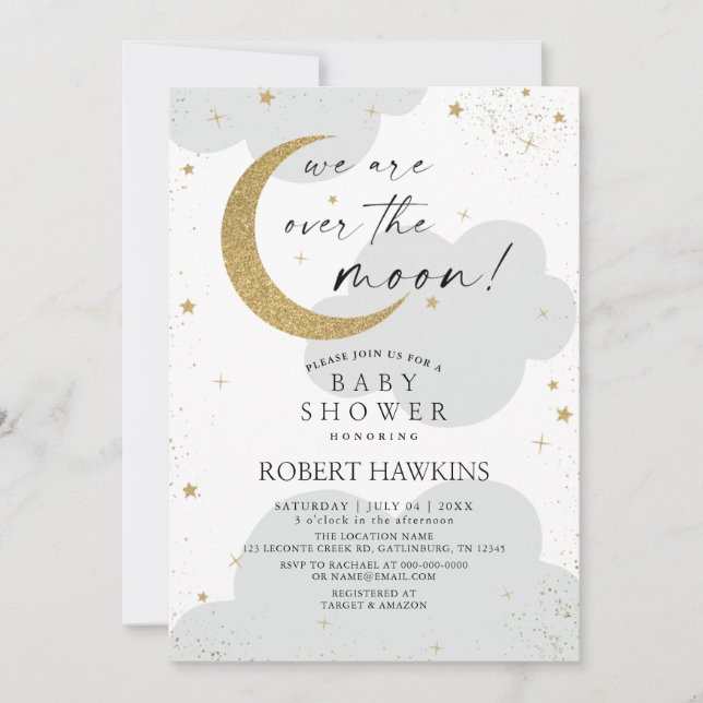 Invitation au Baby shower neutre sur la lune (Devant)