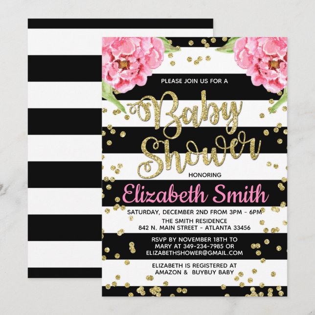 Invitation au Baby shower Peony noir et blanc (Devant / Derrière)