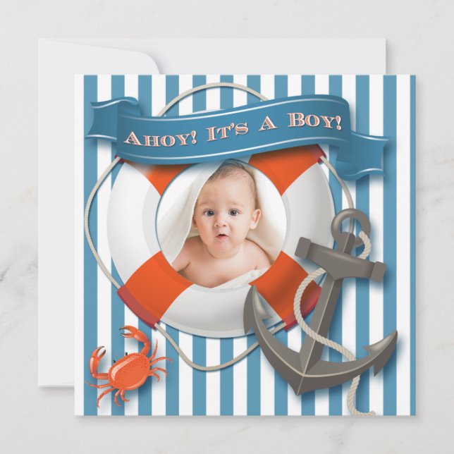 Invitation au Baby shower photo bleu et blanc (Devant)