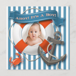 Invitation au Baby shower photo bleu et blanc