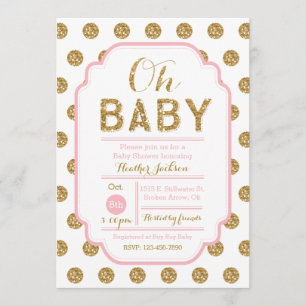 Invitation au Baby shower Polka Dot - Pink and Gol