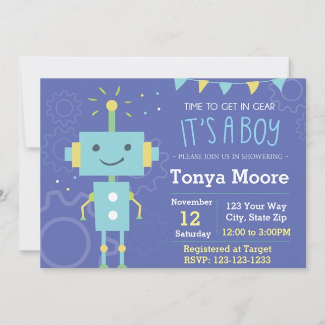 Invitation au Baby shower robotique bleu (Devant)