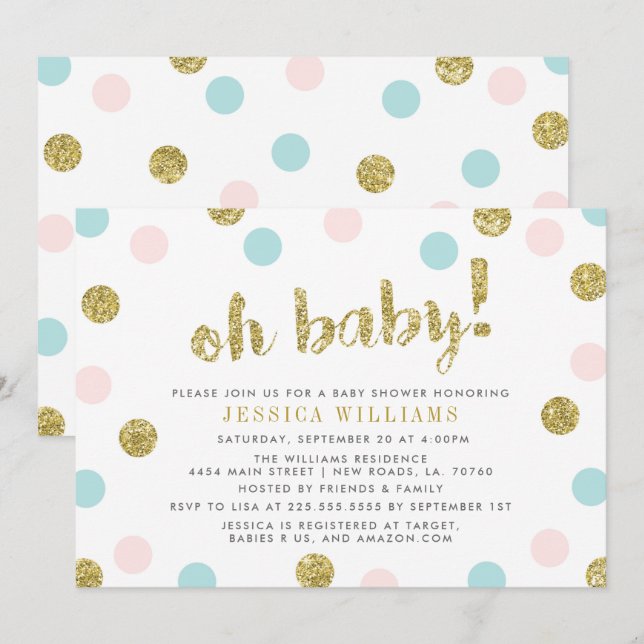 Invitation au Baby shower rose, bleu et or (Devant / Derrière)