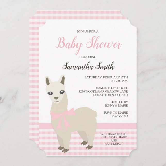 Invitation au Baby shower rose d'Alpaca (Devant / Derrière)
