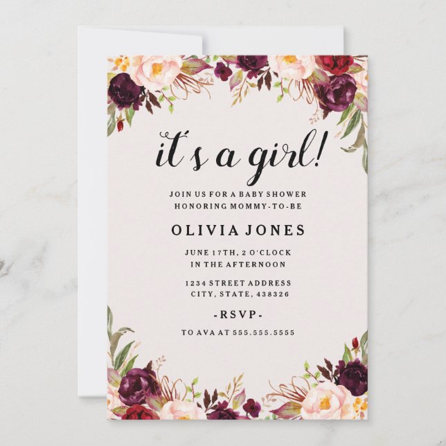 Invitation au Baby shower rose de Bourgogne (Devant)