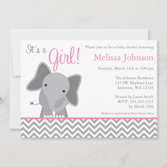 Invitation au Baby shower rose de l'Eléphant Cute  (Devant)