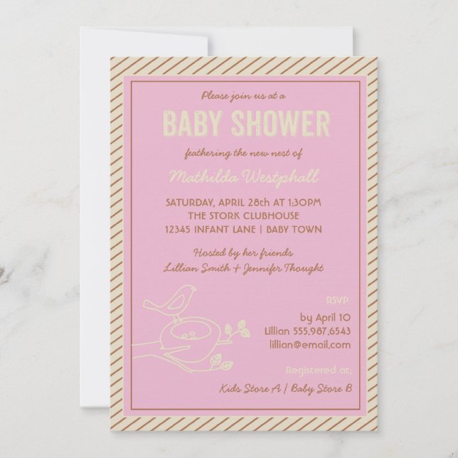 Invitation au Baby shower rose du nid d'oiseaux (Devant)