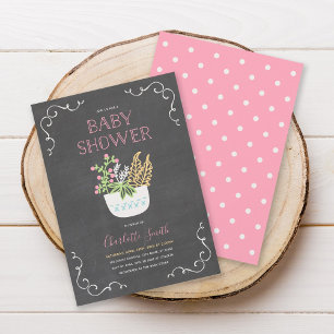 Invitation au Baby shower rose en carton fleuri