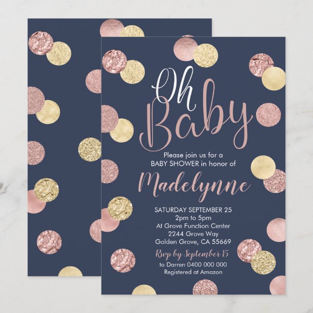 Invitation au Baby shower Rose Gold et Navy (Devant / Derrière)