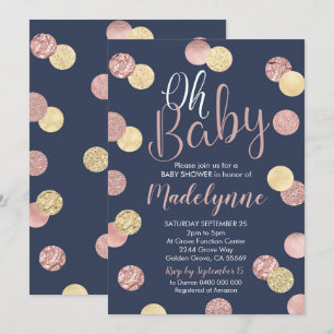 Invitation au Baby shower Rose Gold et Navy
