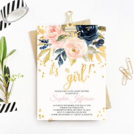 Invitation au Baby shower rose, marine et or