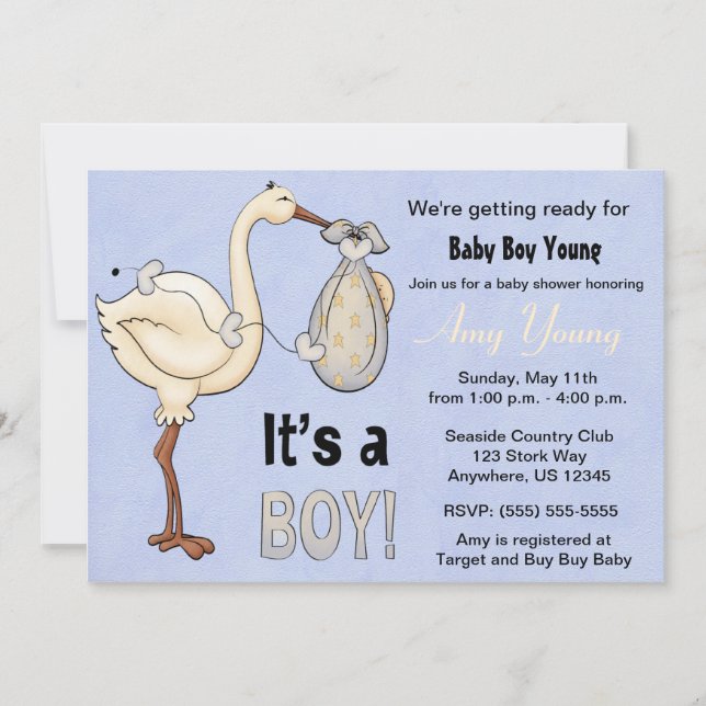Invitation au Baby shower Stork Blue Boy (Devant)