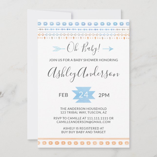 Invitation au Baby shower tribal Blue and Orange (Devant)
