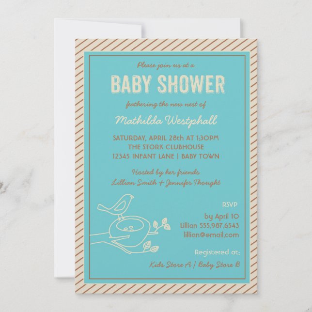 Invitation au Baby shower Turquoise du nid d'oisea (Devant)