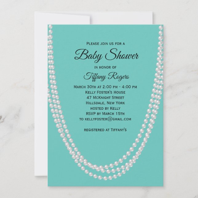Invitation au Baby shower Turquoise et Pearls (Devant)