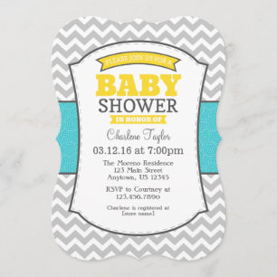 Invitation au Baby shower Turquoise Gray Chevron
