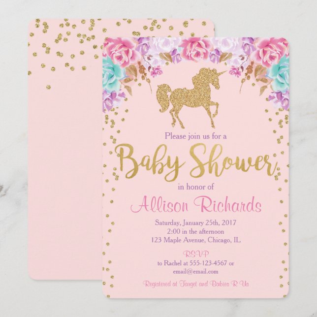 Invitation au baby shower Unicorne rose et or (Devant / Derrière)