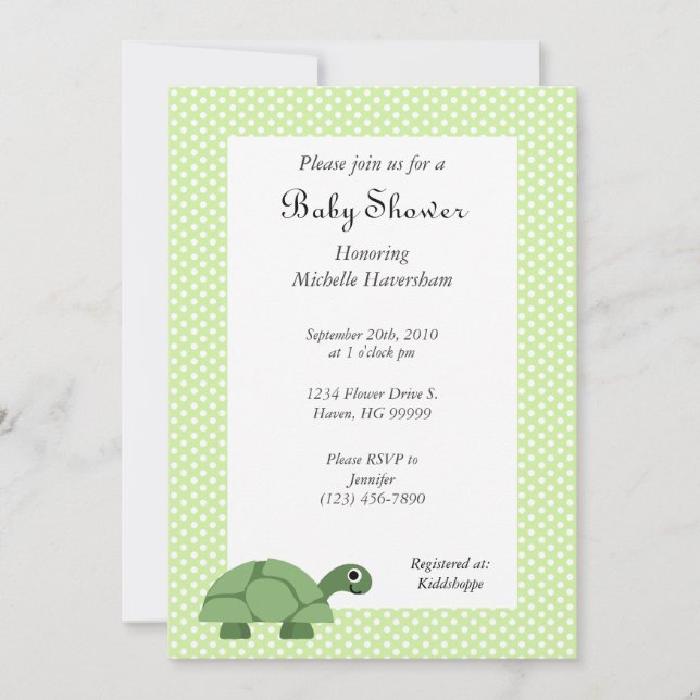 Invitation au Baby shower vert de la tortue (Devant)