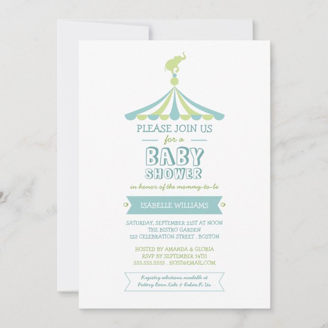 Invitation au Baby shower vert du Carnaval du Cirq (Devant)