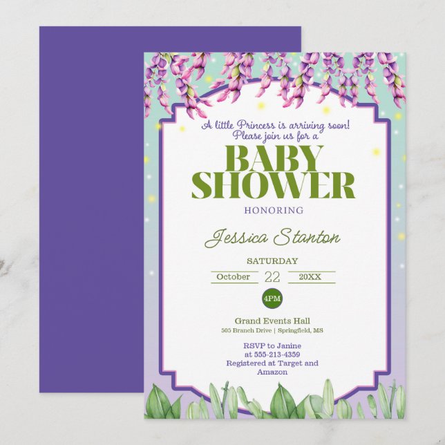 Invitation au Baby shower vert et rose pourpre (Devant / Derrière)