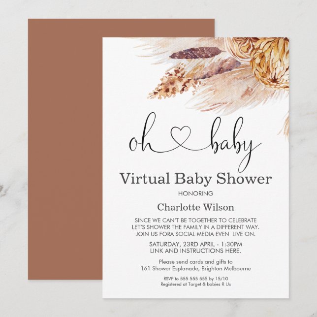 Invitation au Baby shower virtuel Boho Pampas Gras (Devant / Derrière)