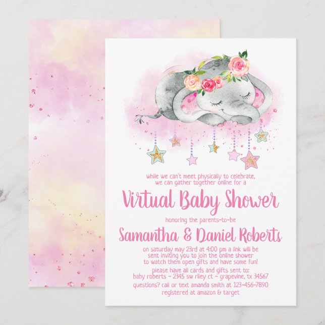 Invitation au Baby shower virtuel Girl Elephant (Devant / Derrière)