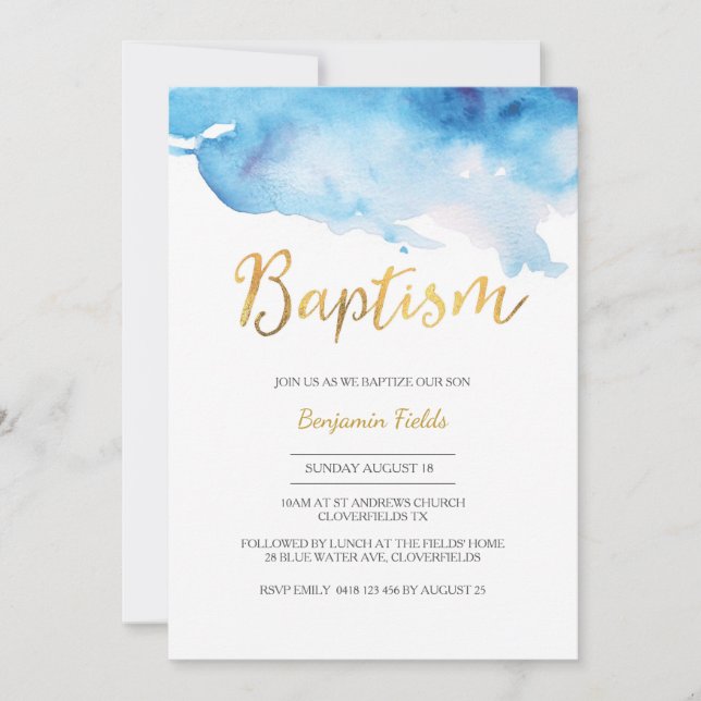 Invitation au baptême| aquarelle bleue et or (Devant)