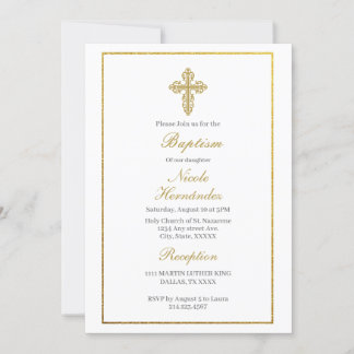Invitation au baptême avec cadre en or