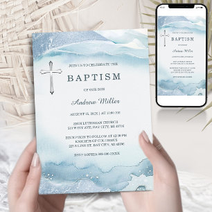 Invitation au baptême bleu avec croix Imprimable