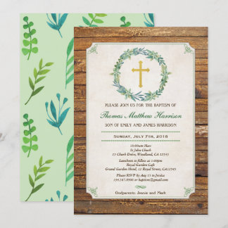 Invitation au baptême. Couronne verte bois rustiqu