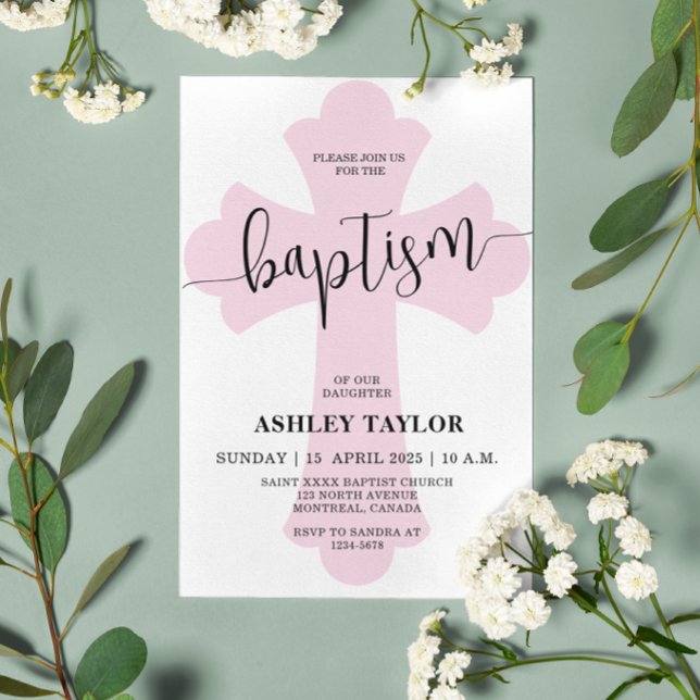 Invitation au baptême croisé rose clair (Créateur téléchargé)
