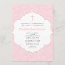 Invitation au baptême de fille | damas rose tendan