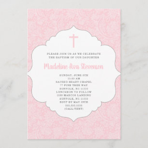 Invitation au baptême de fille   damas rose tendan