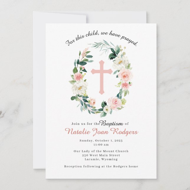 Invitation au baptême de germe rose (Devant)