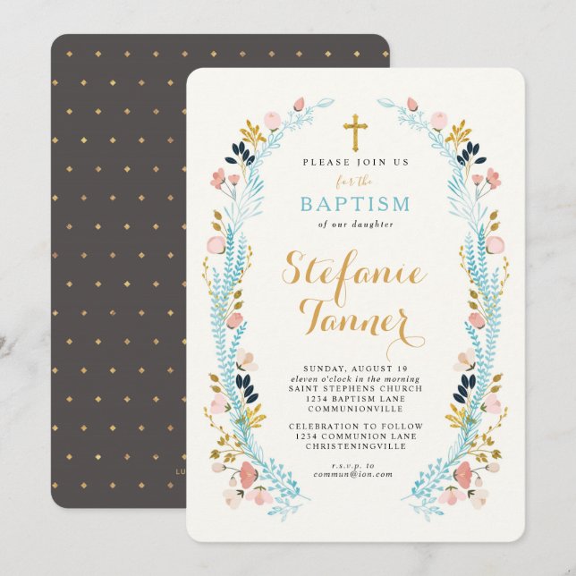 Invitation au baptême de Laurel Floral (Devant / Derrière)