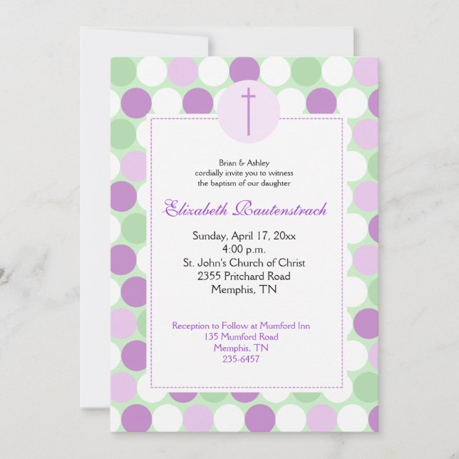 Invitation au baptême de points multicolores viole (Devant)