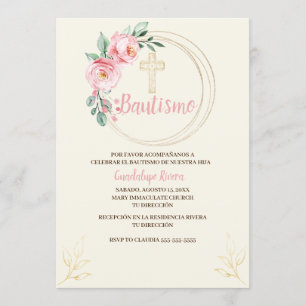 Invitation au baptême Espagnol, floral rose vif